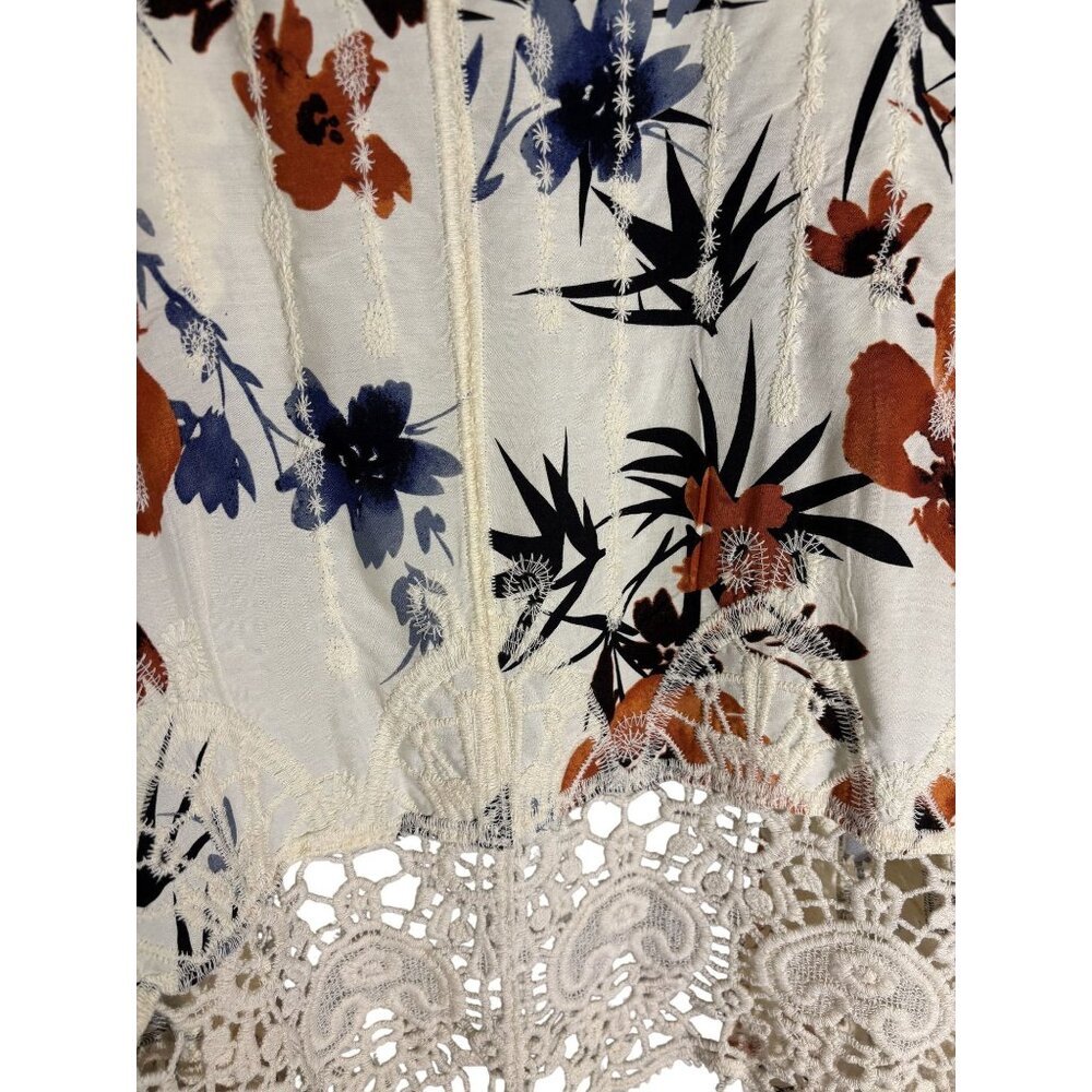 Floral Print Kimono Cardigan With Lace Trim & Bell Sleeves - Picture 3 of 8